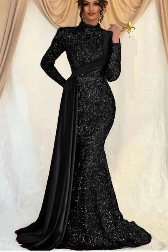 Robe de soirée sirène à manches longues et col haut, à paillettes éblouissantes, à volants