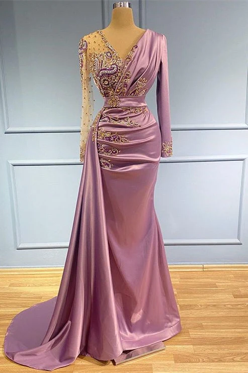 Robe de bal sirène élégante à manches longues et col en V, avec détails de perles raffinés