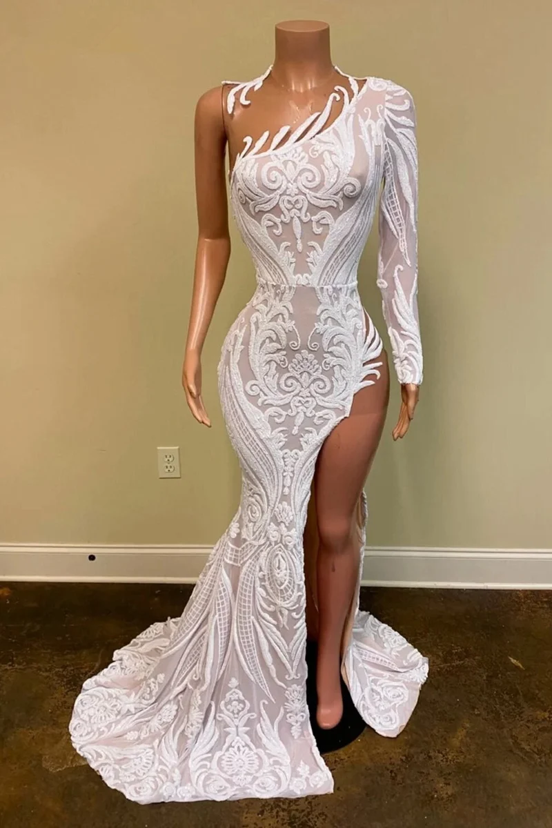 Robe de bal sirène élégante à une épaule et paillettes blanches, manches longues et fente