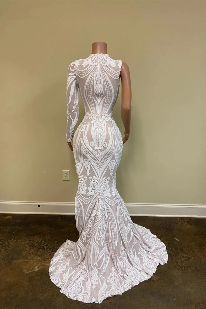 Robe de bal sirène élégante à une épaule et paillettes blanches, manches longues et fente