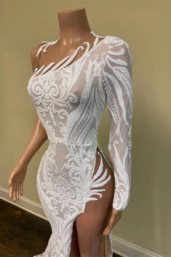 Robe de bal sirène élégante à une épaule et paillettes blanches, manches longues et fente