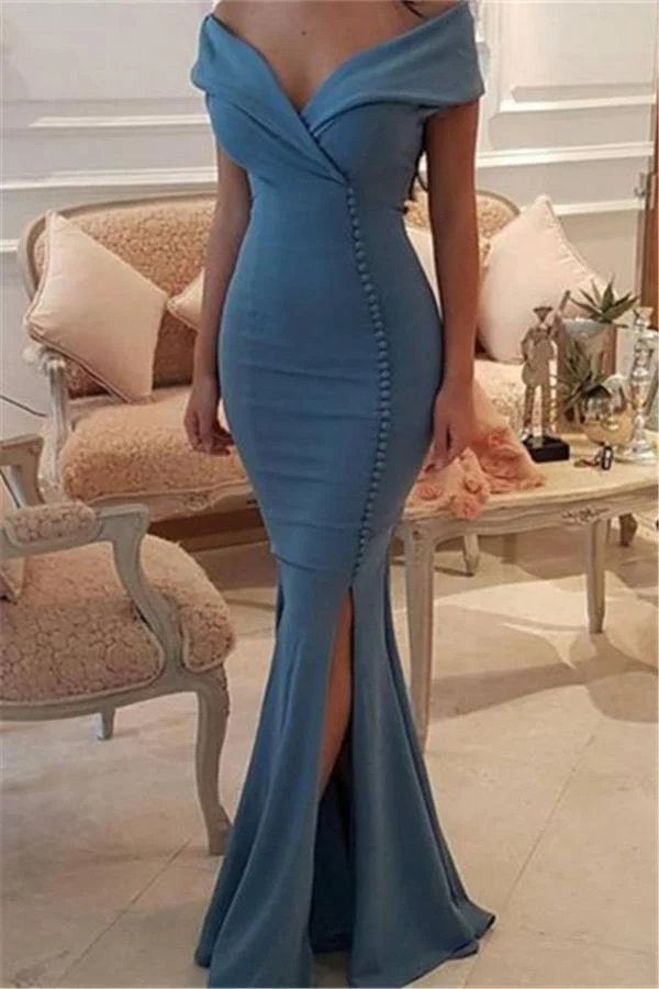 Robe de soirée sirène élégante à épaules dénudées : coupe ajustée, longueur au sol