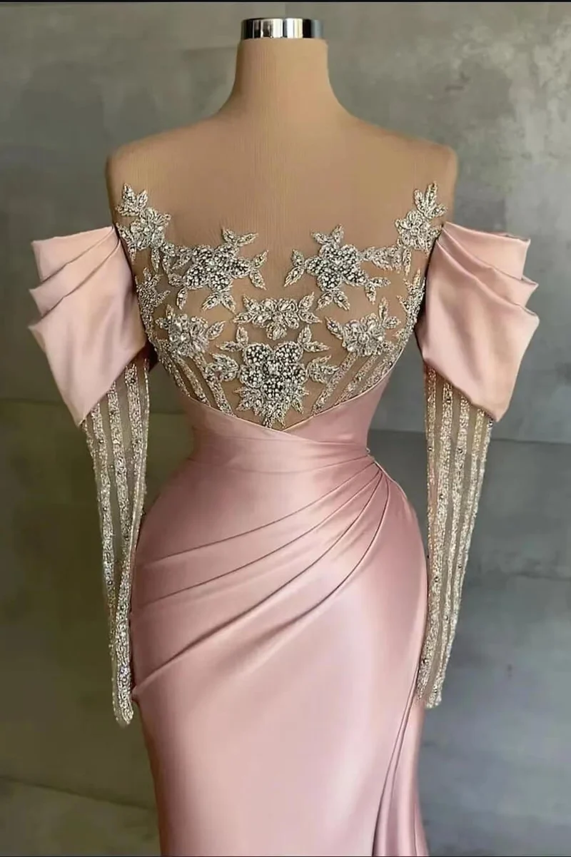 Robe de bal sirène rose élégante à épaules dénudées avec appliques perlées et fente sur le devant