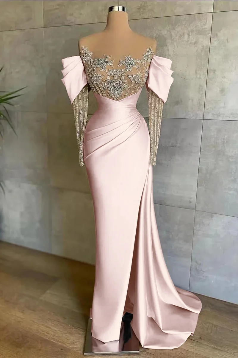 Robe de bal sirène rose élégante à épaules dénudées avec appliques perlées et fente sur le devant
