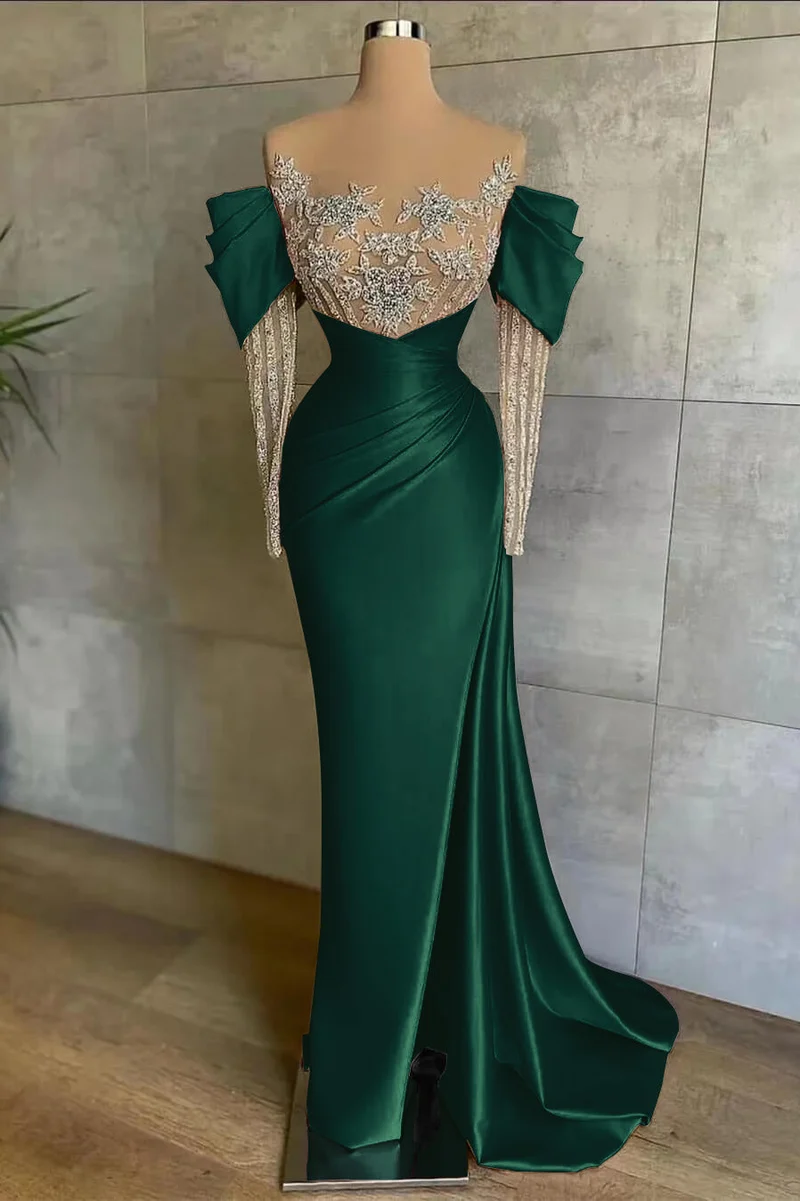 Robe de bal sirène rose élégante à épaules dénudées avec appliques perlées et fente sur le devant