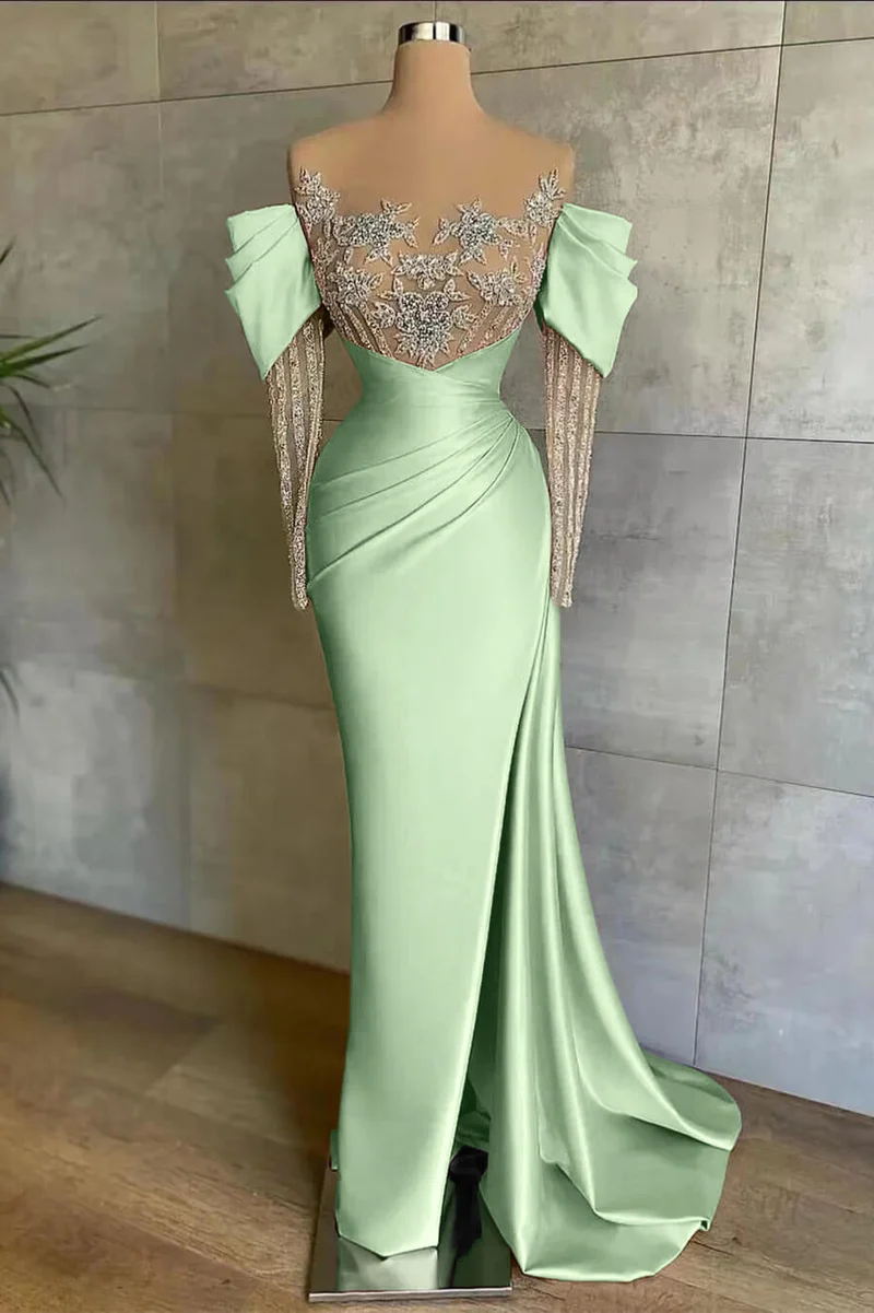 Robe de bal sirène rose élégante à épaules dénudées avec appliques perlées et fente sur le devant