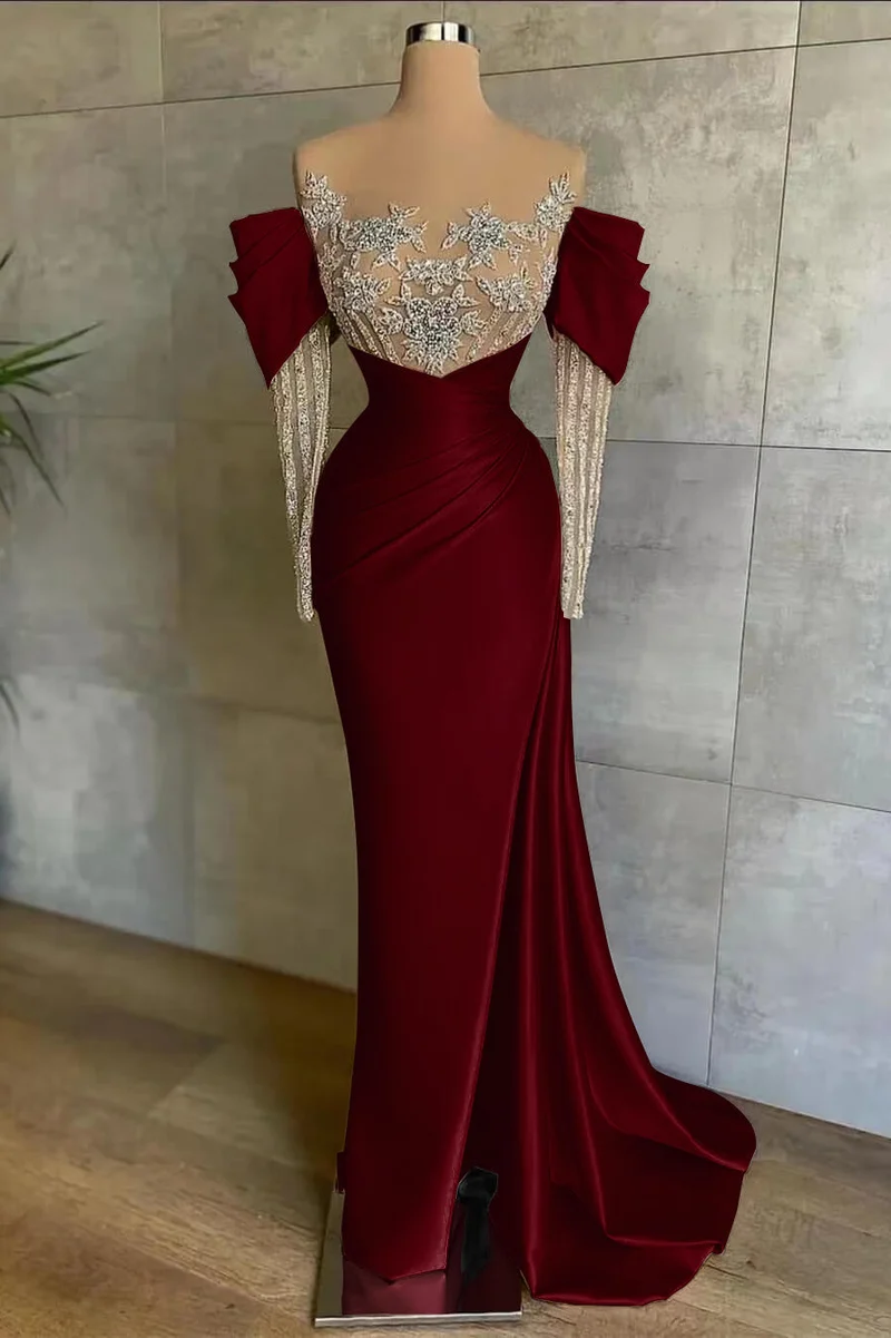 Robe de bal sirène rose élégante à épaules dénudées avec appliques perlées et fente sur le devant