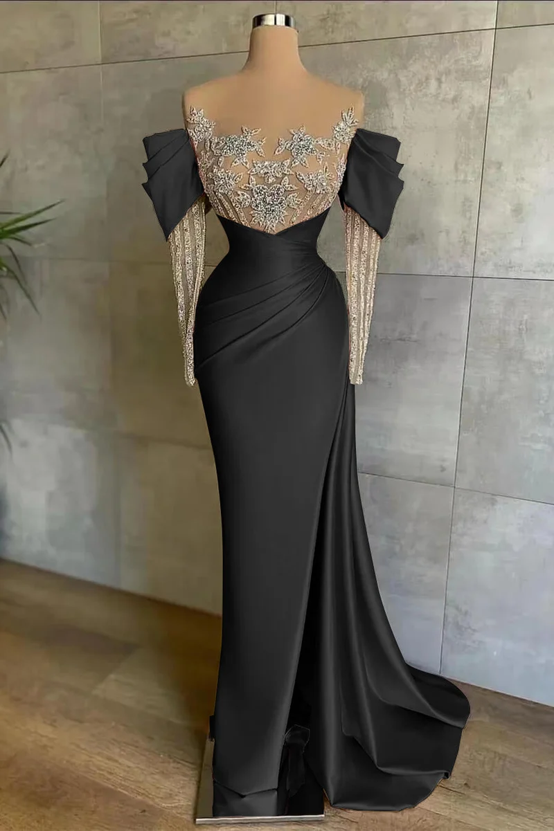 Robe de bal sirène rose élégante à épaules dénudées avec appliques perlées et fente sur le devant