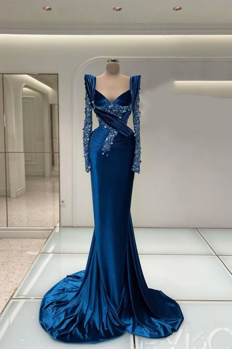 Robe de bal sirène bleu roi à manches longues et perles