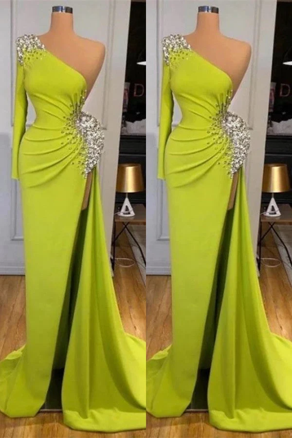 Robe de bal sirène élégante jaune-vert à manches longues et fente perlée