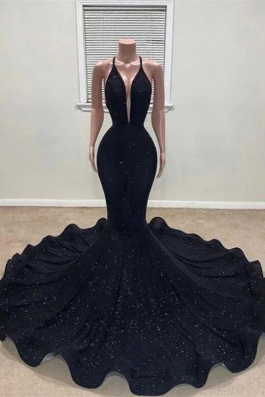 Robe de bal sirène noire élégante avec décolleté en V et paillettes scintillantes