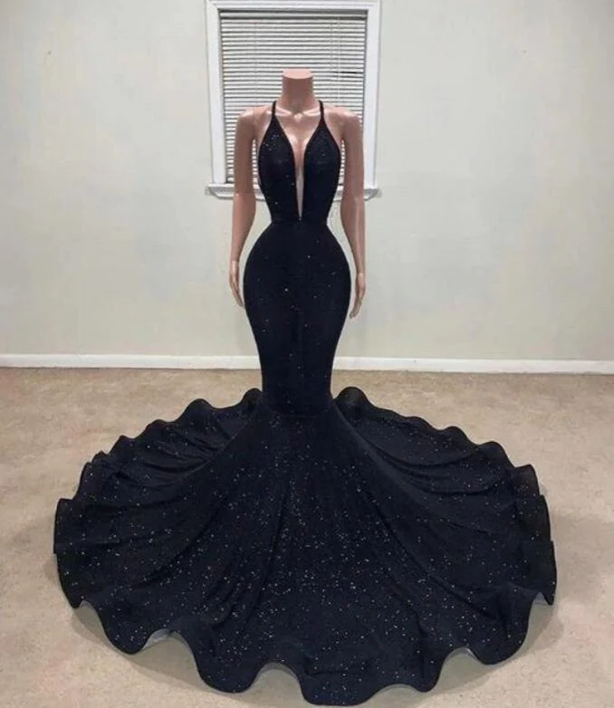 Robe de bal sirène noire élégante avec décolleté en V et paillettes scintillantes