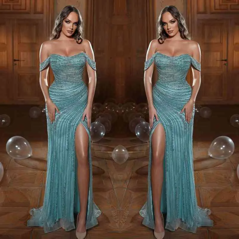 Charmante robe de soirée à paillettes vertes : robe de bal bustier à épaules dénudées et fente