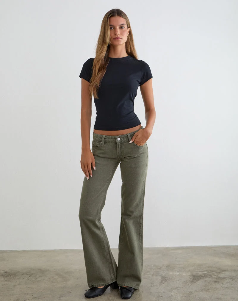 Jean évasé à taille très basse, couleur olive