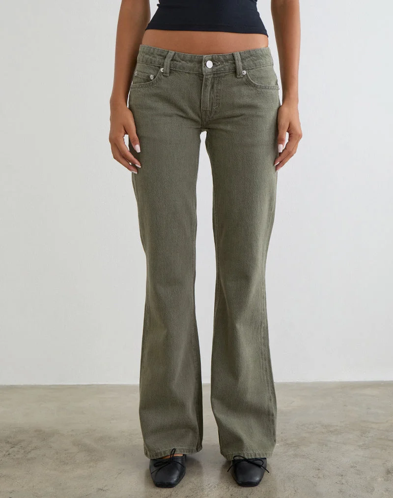 Jean évasé à taille très basse, couleur olive