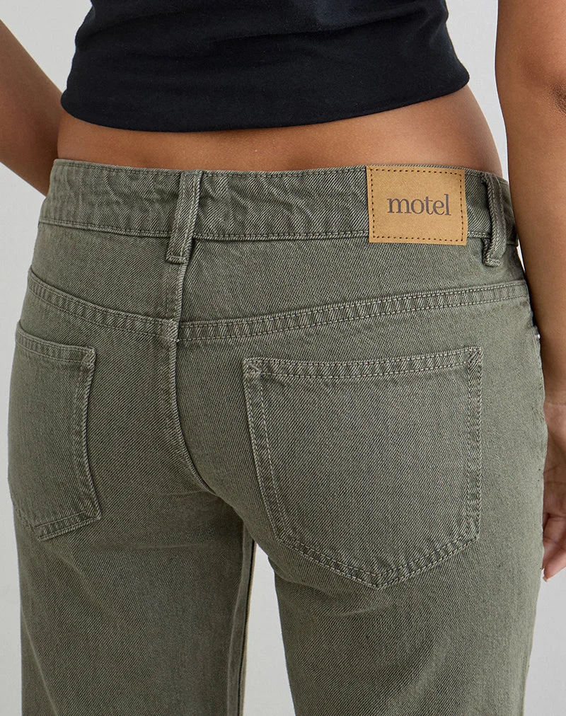 Jean évasé à taille très basse, couleur olive