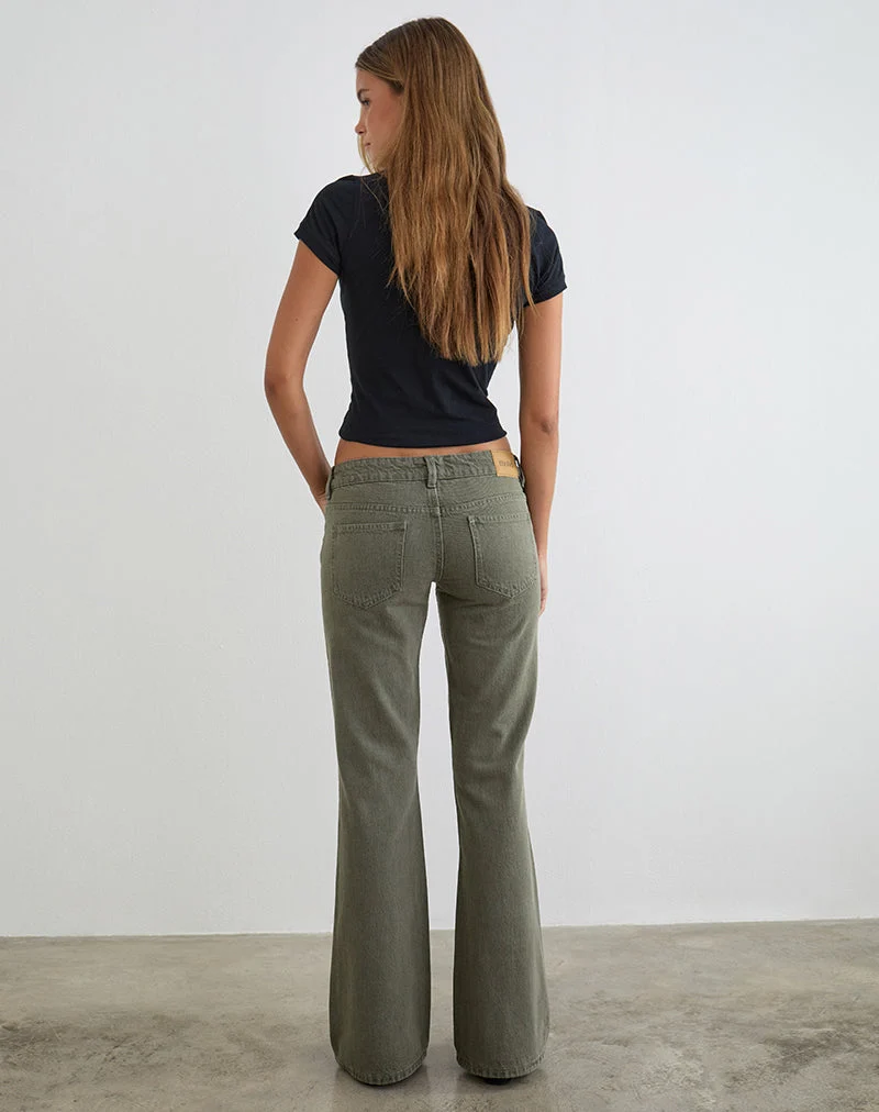 Jean évasé à taille très basse, couleur olive