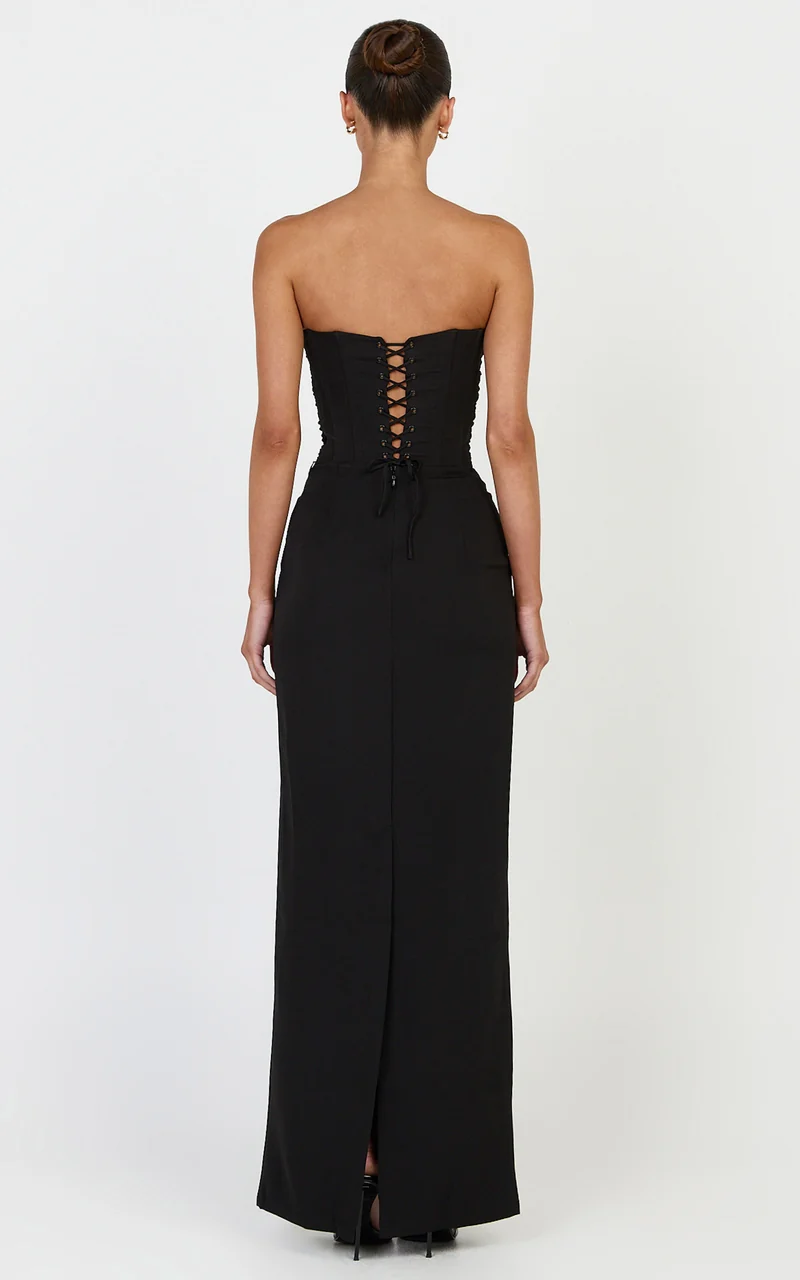 Helda Top - Strapless Corset Lace Up Back Top in Black