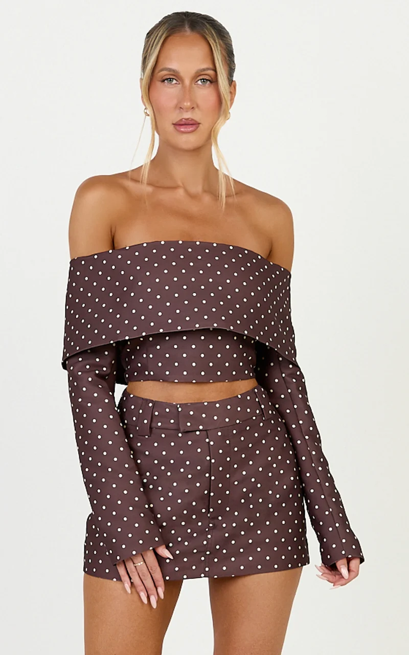 Lana Mini Skirt - Structured Tailored Skirt in Chocolate/Cream Polka Dot