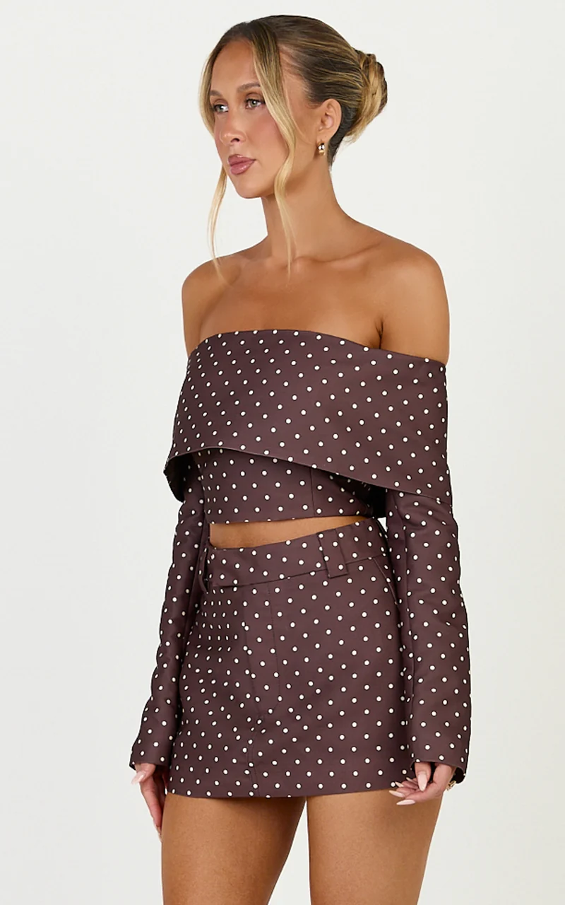 Lana Top - Long Sleeve Off Shoulder Cropped Top in Chocolate/Cream Polka Dot