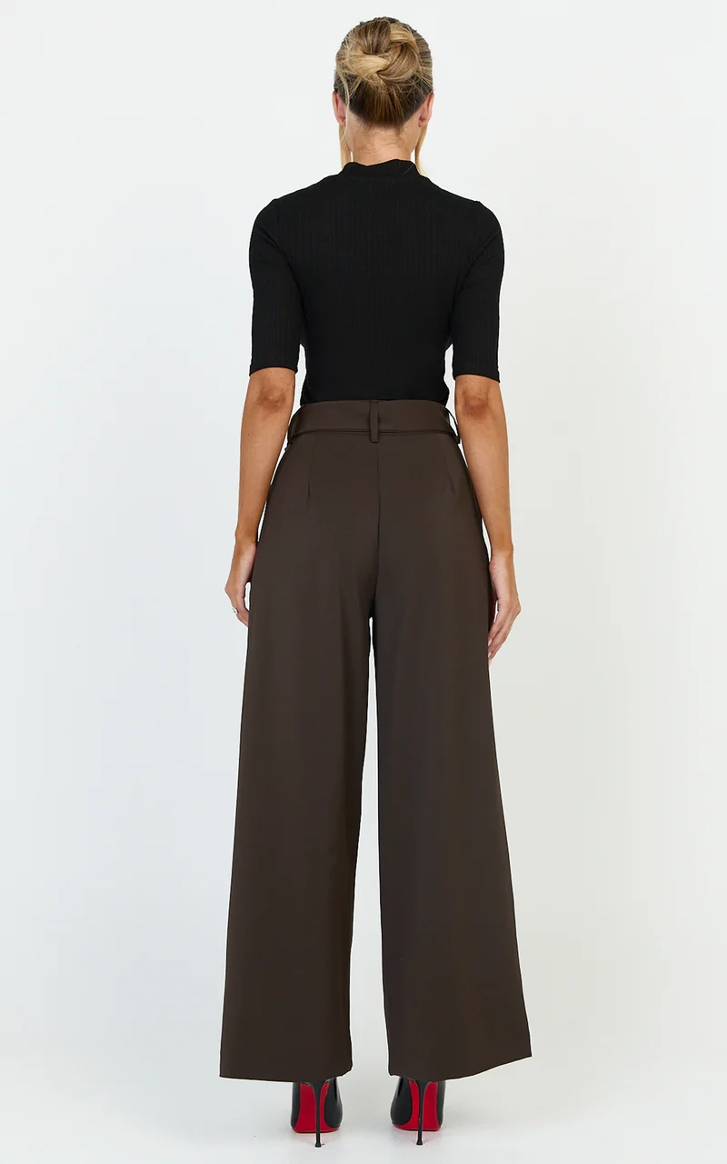 Stella Pants - High Waist Belted Wide Leg Pants in Dark Brown