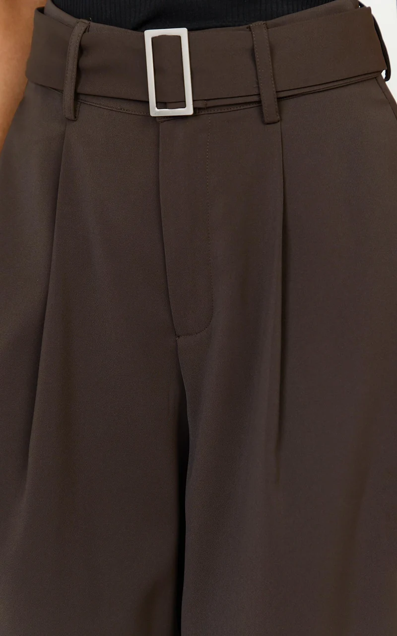 Stella Pants - High Waist Belted Wide Leg Pants in Dark Brown
