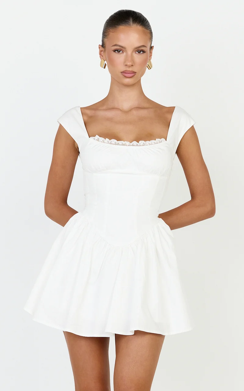 Clementine Mini Dress - Cap Sleeve Lace Trim Fit And Flare Mini Dress in Off White