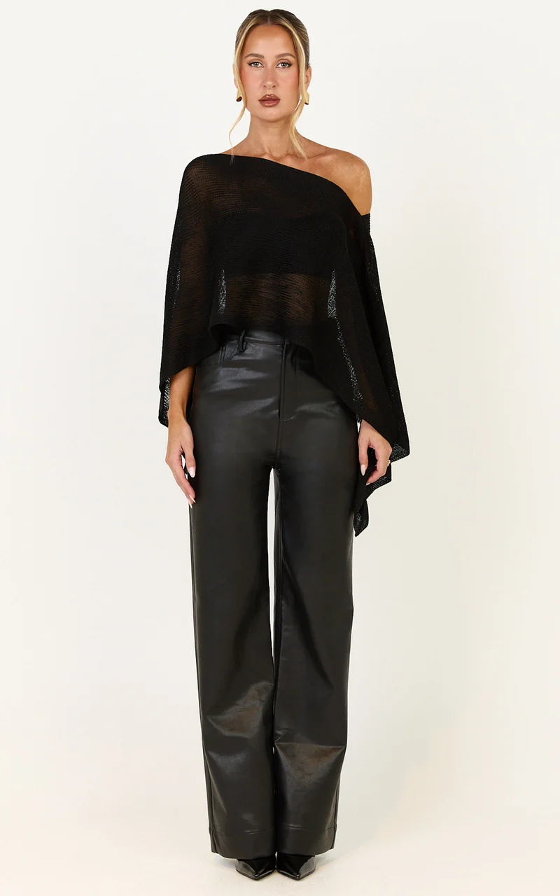 Amarie Top - Sheer Knit Off Shoulder Cape Top in Black