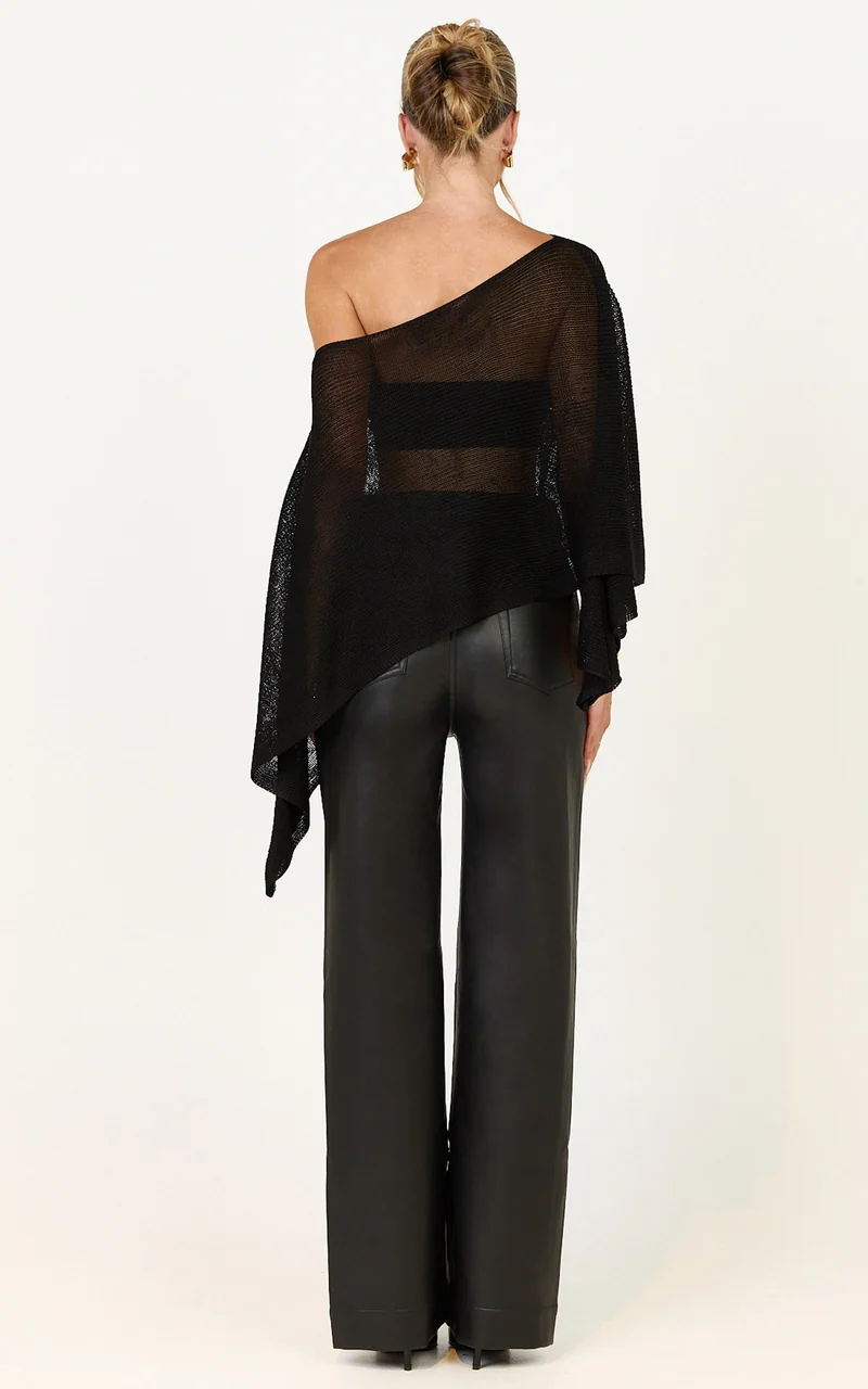 Amarie Top - Sheer Knit Off Shoulder Cape Top in Black