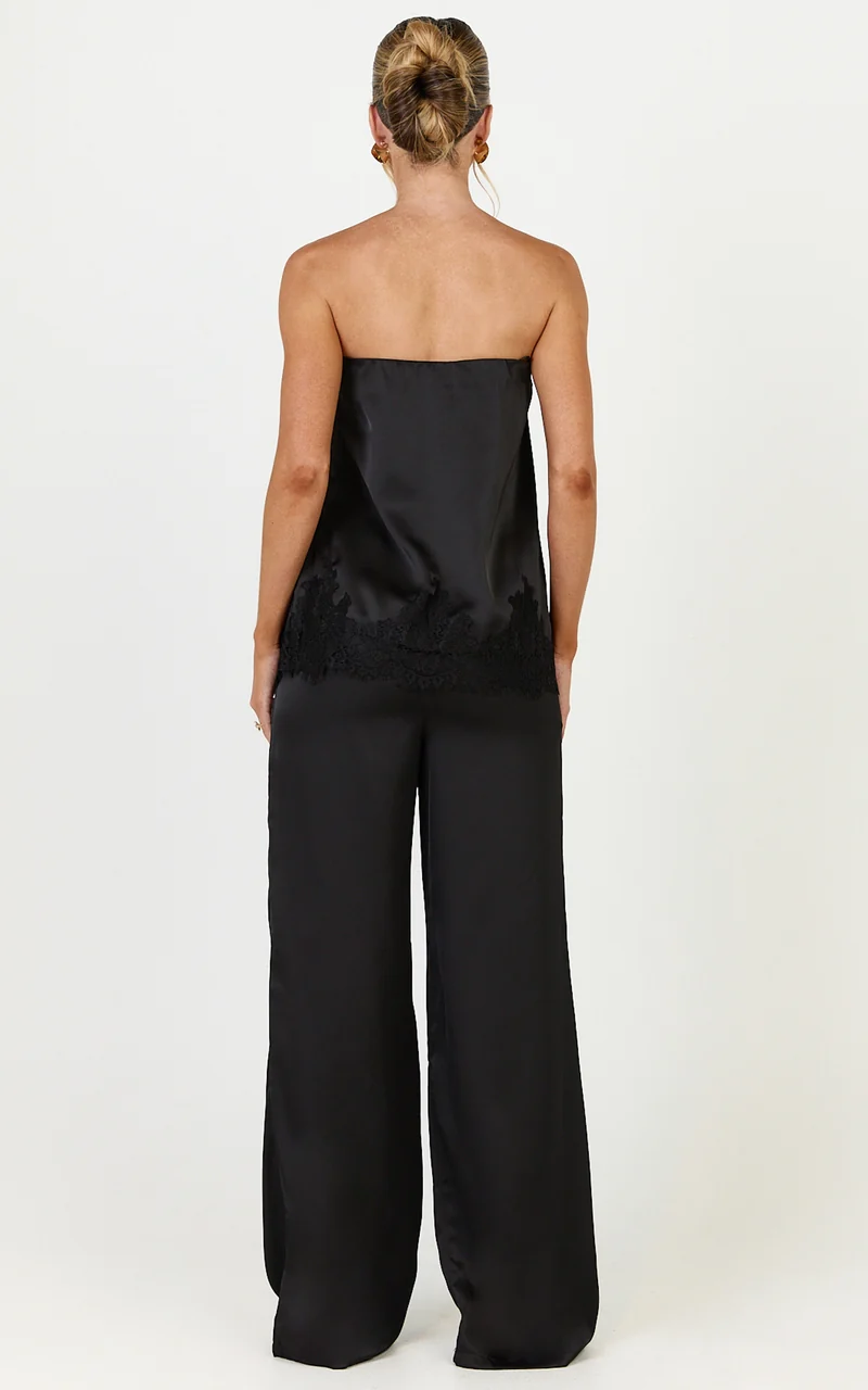 Chantelle Top and Pants Set - Satin Strapless Top With Lace Hem Pants Set in Black