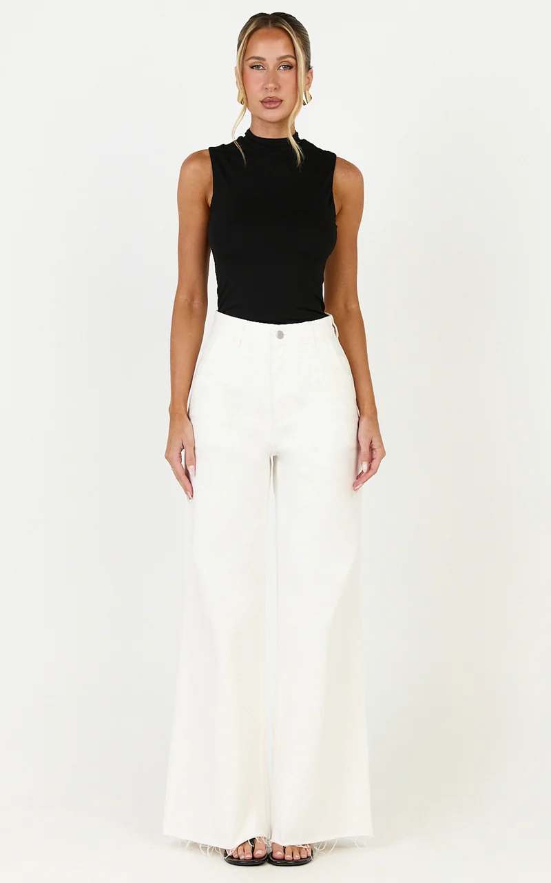 Therese Jeans - High Waist Wide Leg Flare Recycled Denim Jeans in Ecru