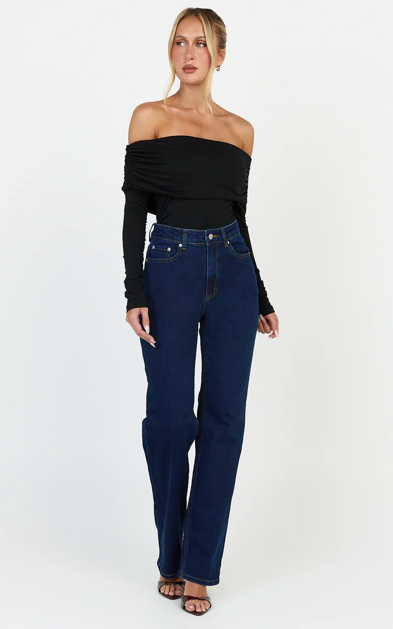 Phoebe Jeans - High Waist Straight Leg Stretch Denim Jeans in Dark Blue Wash
