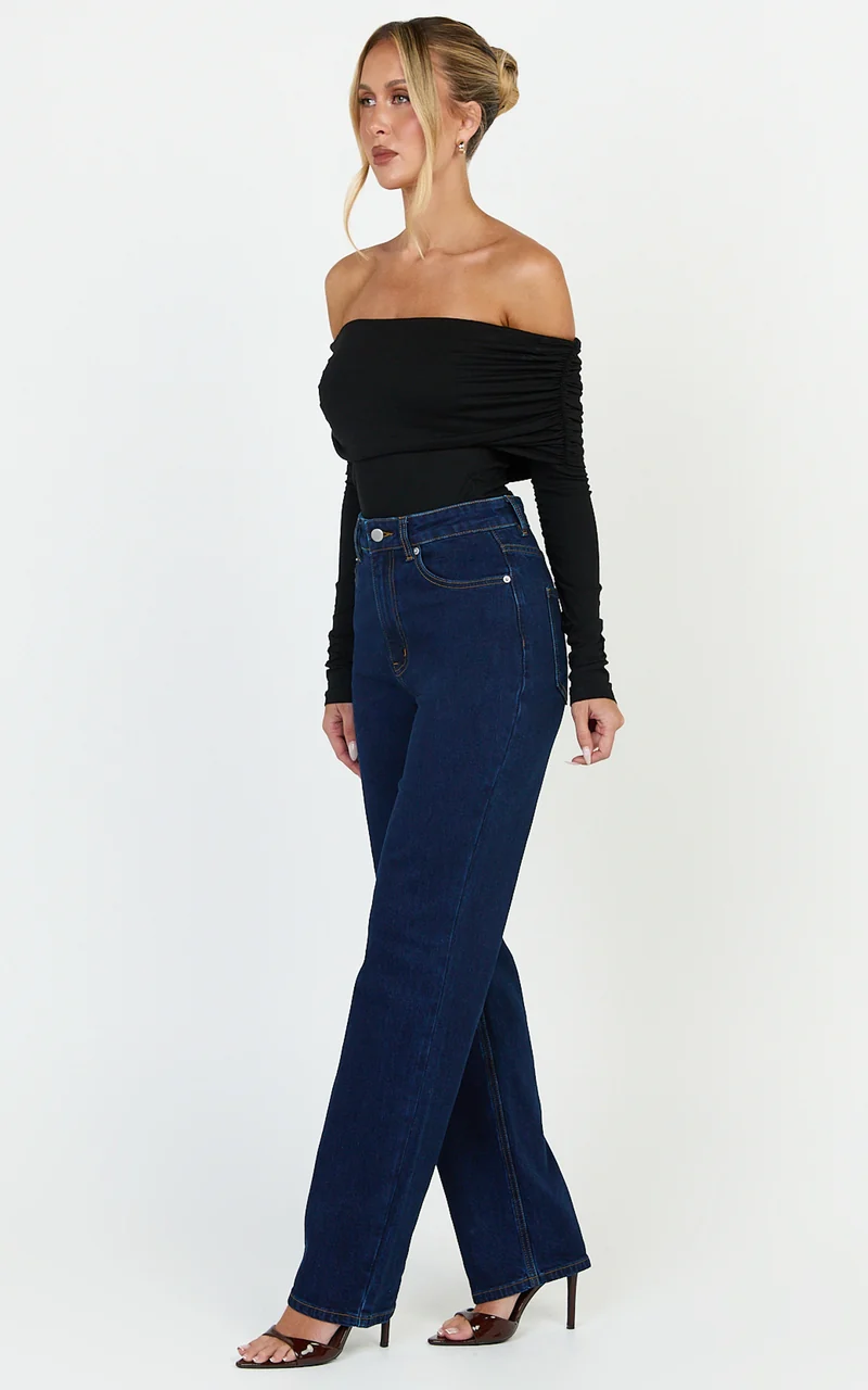 Phoebe Jeans - High Waist Straight Leg Stretch Denim Jeans in Dark Blue Wash