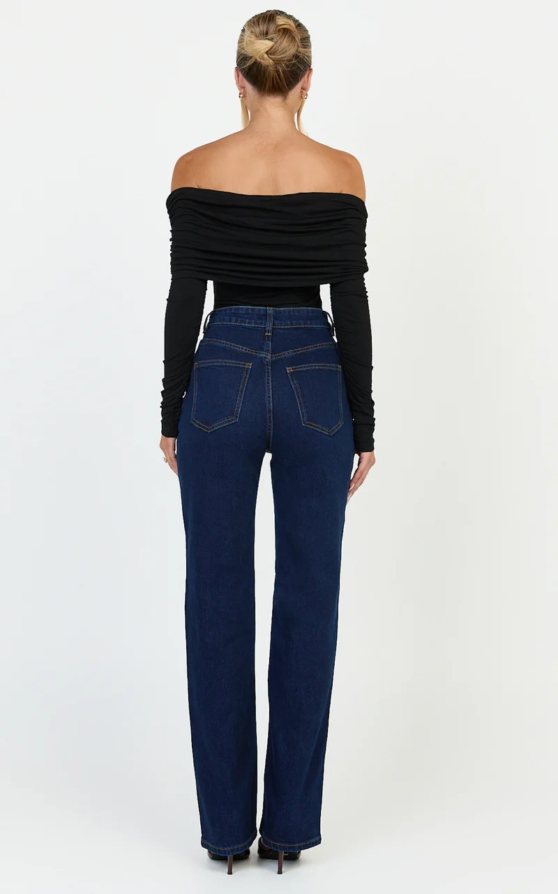 Phoebe Jeans - High Waist Straight Leg Stretch Denim Jeans in Dark Blue Wash