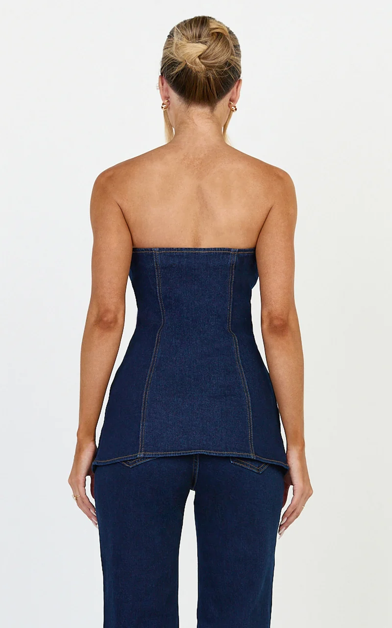 Phoebe Top - Strapless Button Down Stretch Denim Top in Dark Blue Wash
