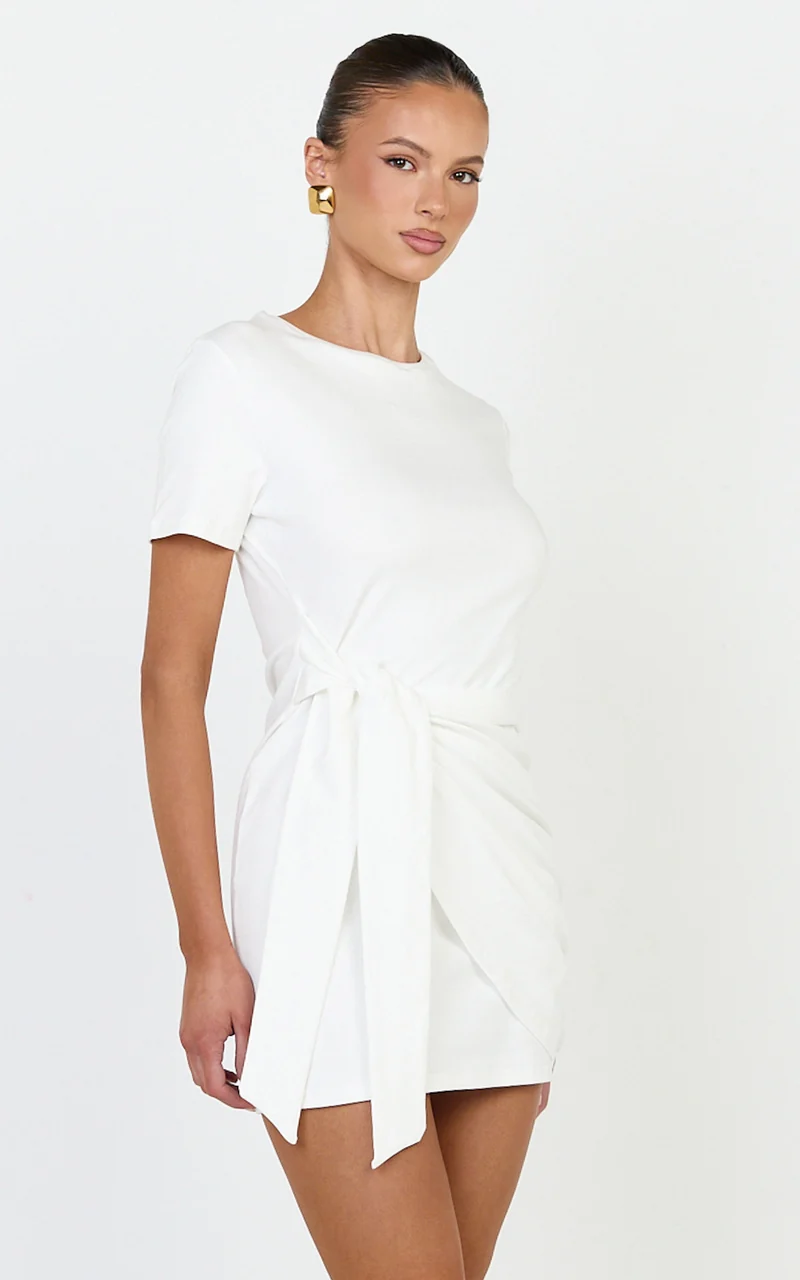 Candace Mini Dress - Faux Wrap Shift Dress in White