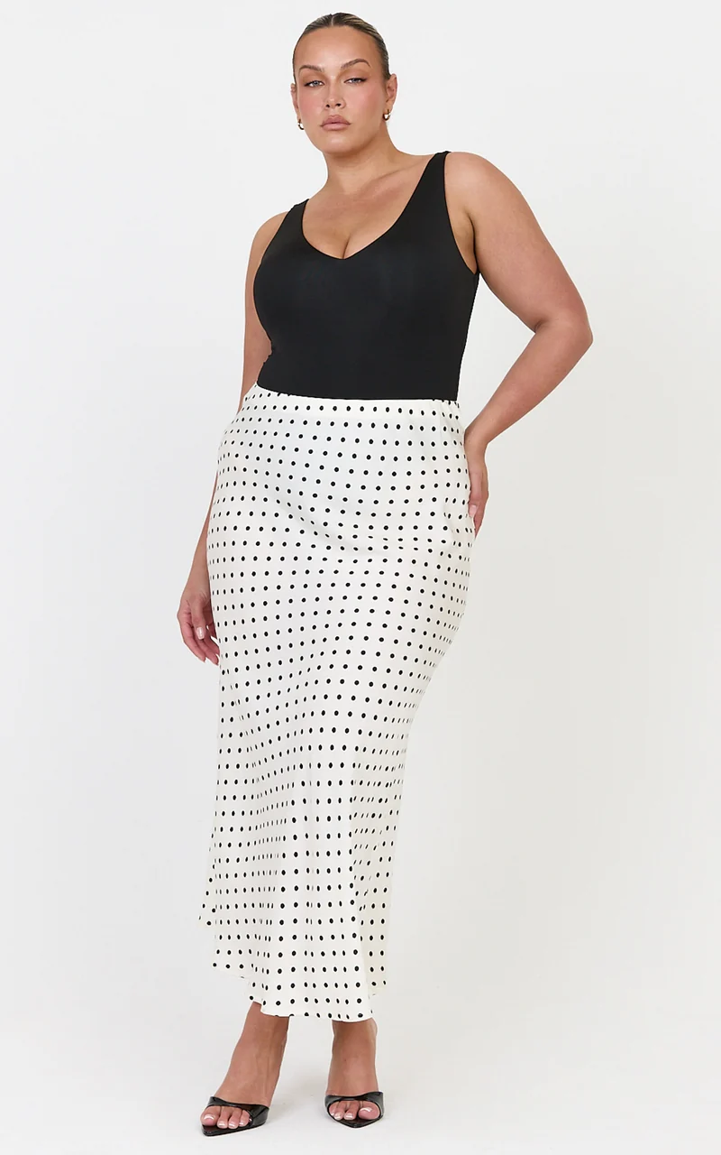 Amari Maxi Skirt - High Waisted Bias Cut Skirt in Cream and Black Polka