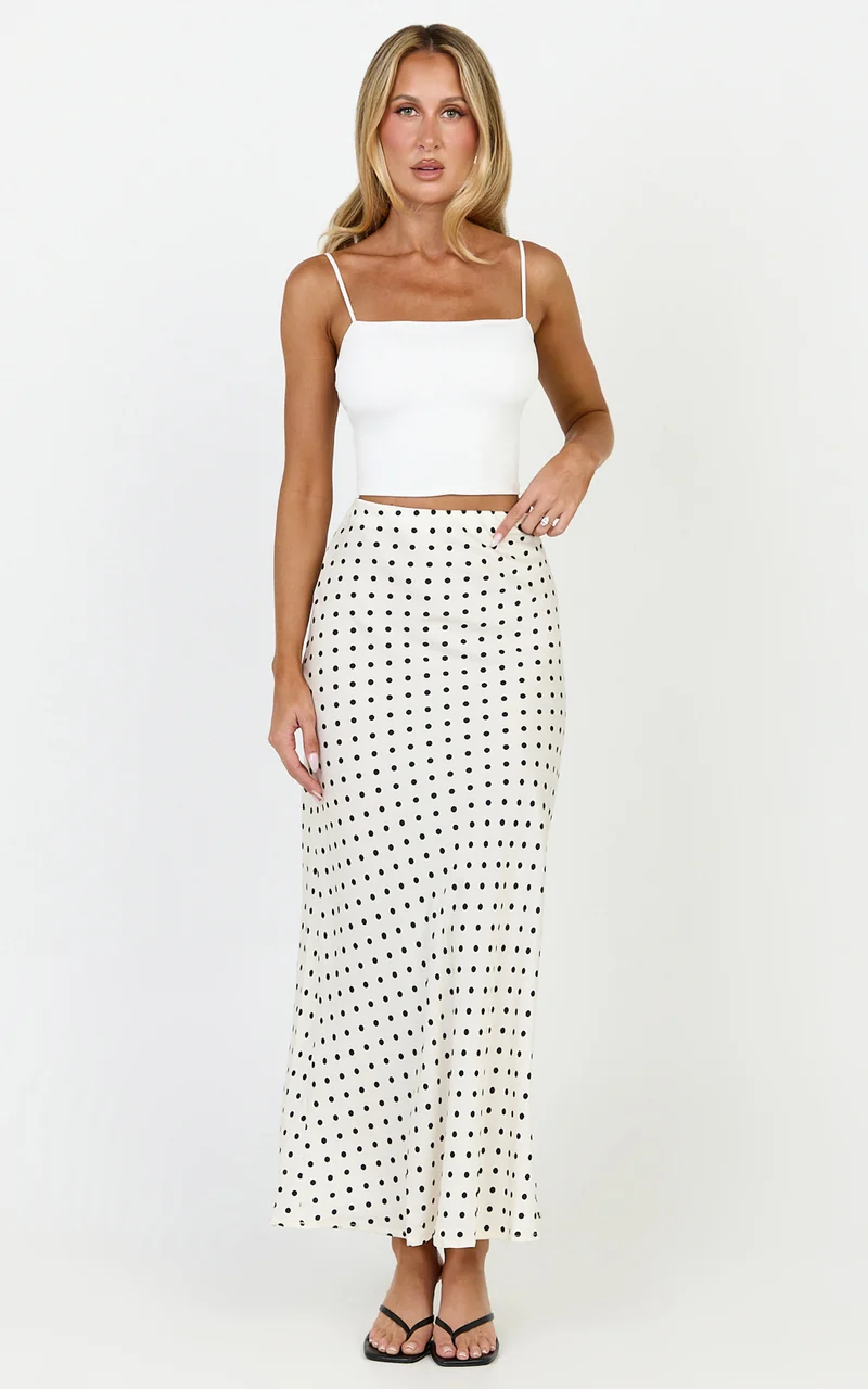 Amari Maxi Skirt - High Waisted Bias Cut Skirt in Cream and Black Polka