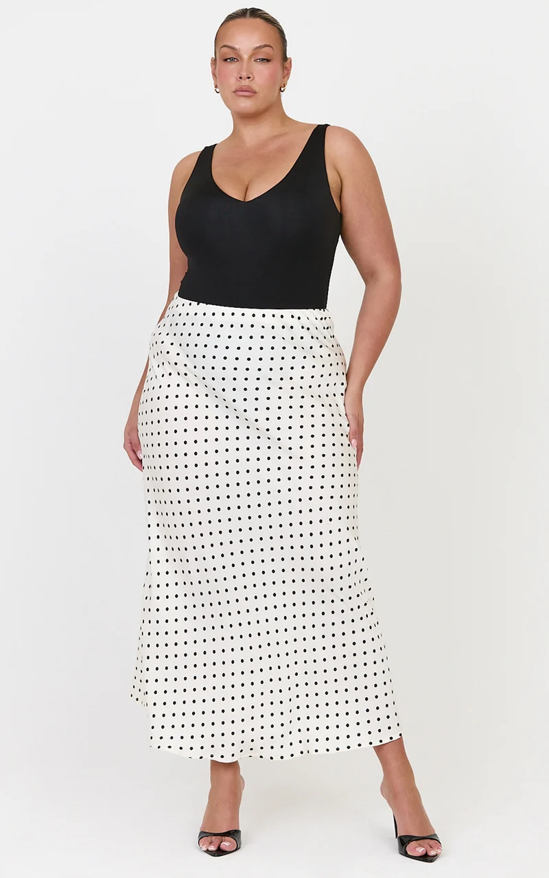 Amari Maxi Skirt - High Waisted Bias Cut Skirt in Cream and Black Polka