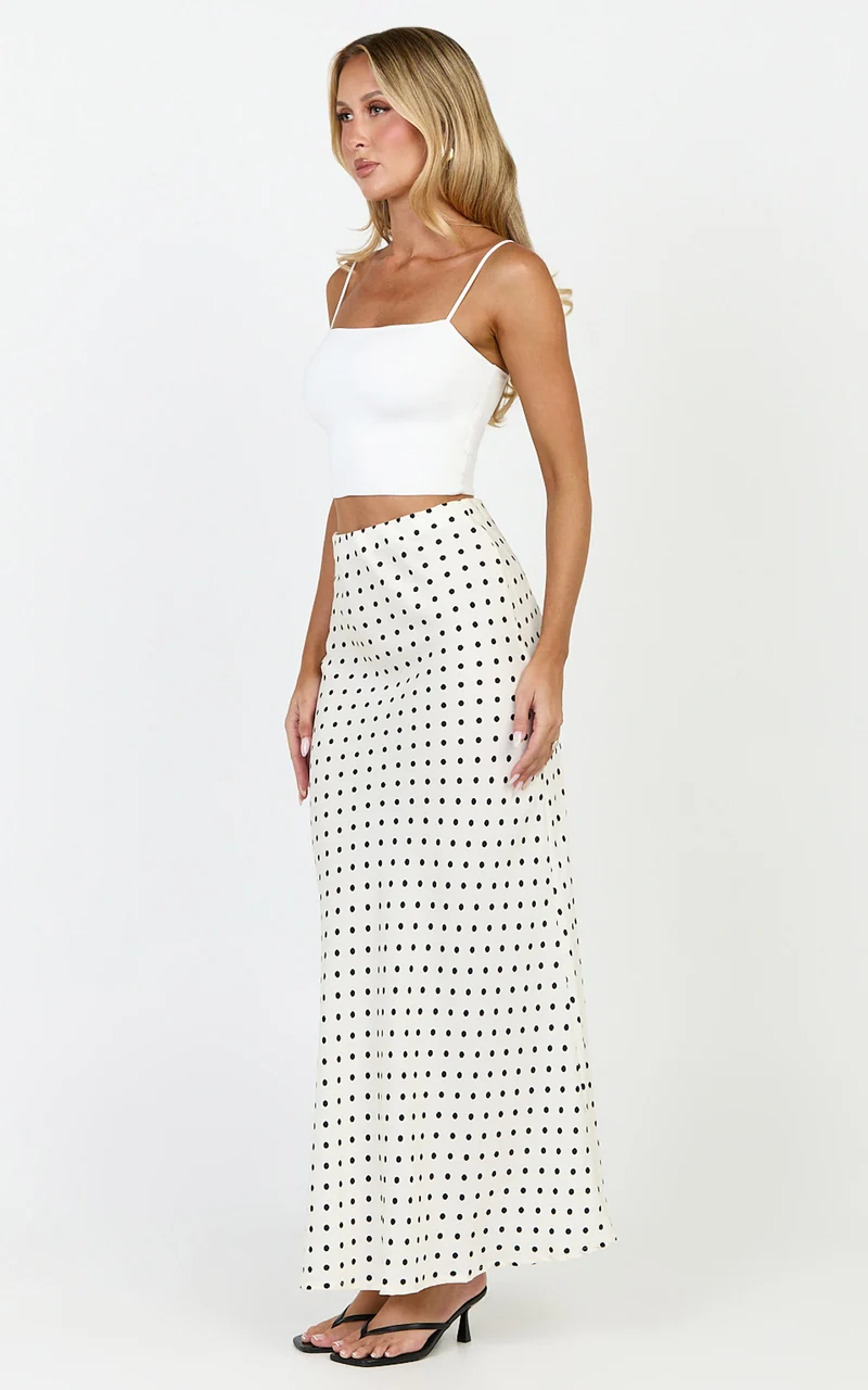 Amari Maxi Skirt - High Waisted Bias Cut Skirt in Cream and Black Polka