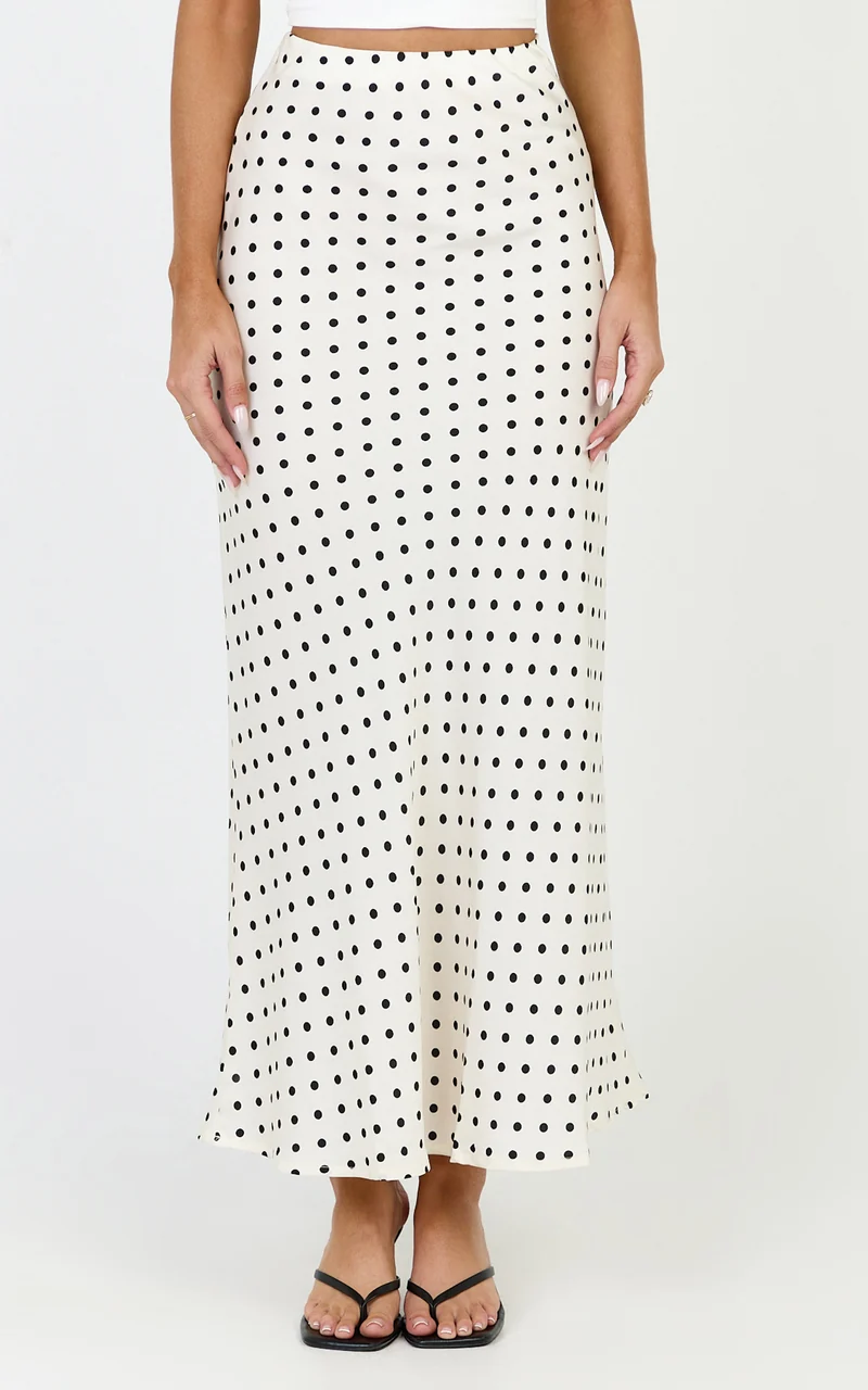 Amari Maxi Skirt - High Waisted Bias Cut Skirt in Cream and Black Polka