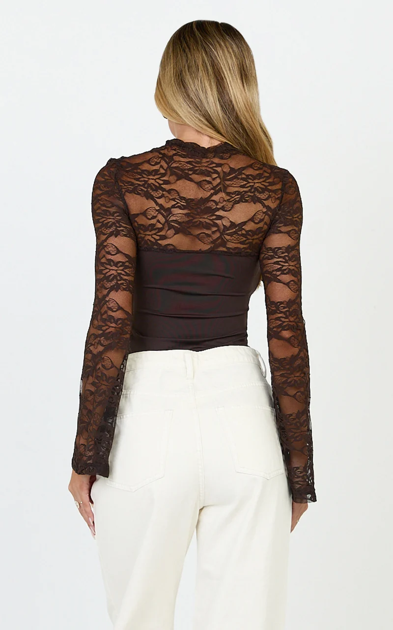 Celestine Top - Cut Out Lace Long Sleeve Top in Chocolate
