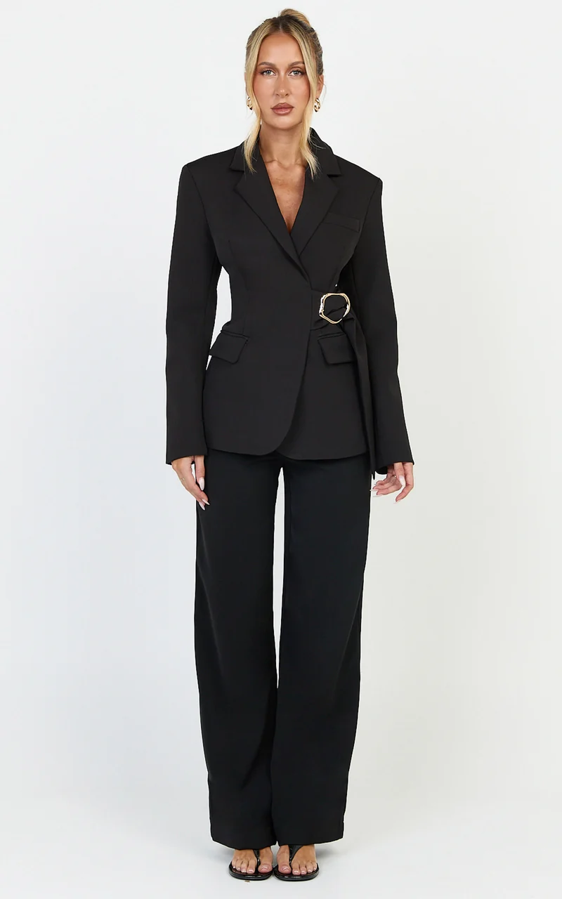 Floriane Blazer - Wrap Front Gold Buckle Detail Blazer in Black