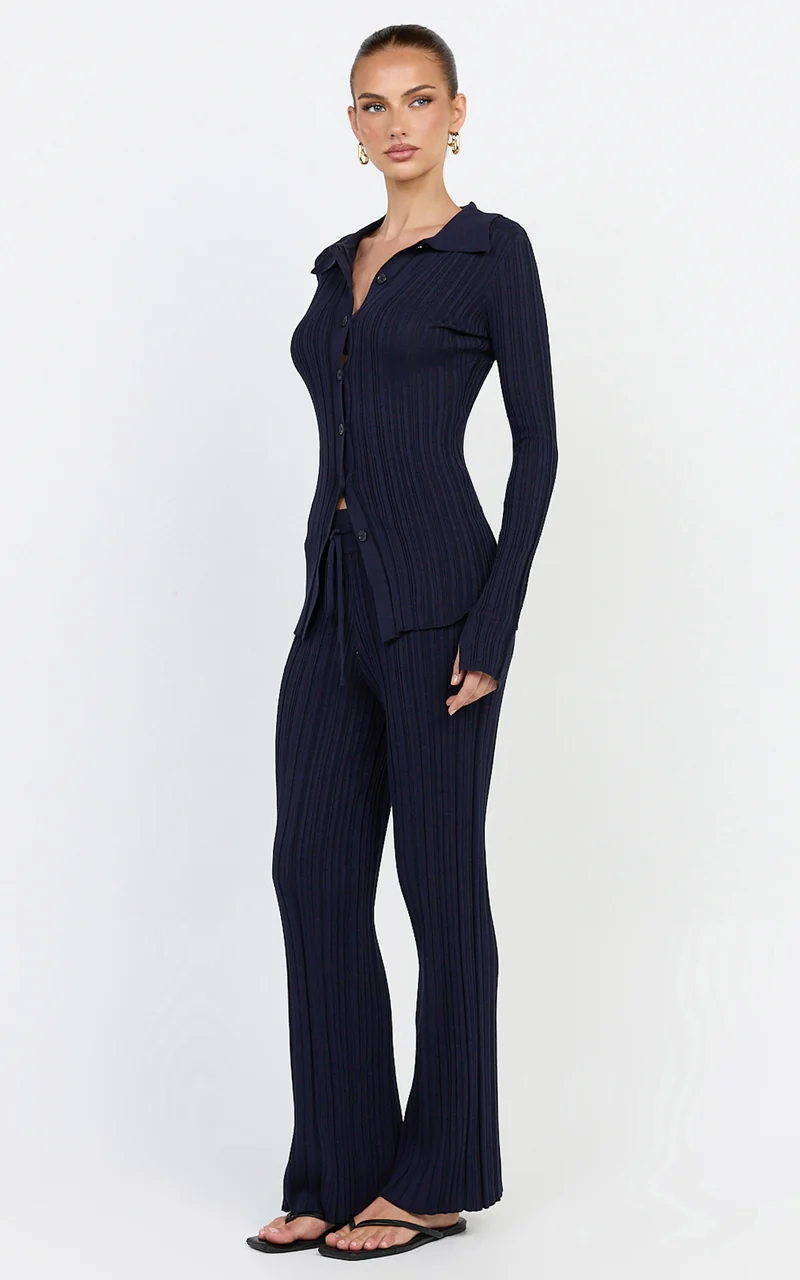 Kelsey Top - Button Through Long Sleeve Knit Top in Navy