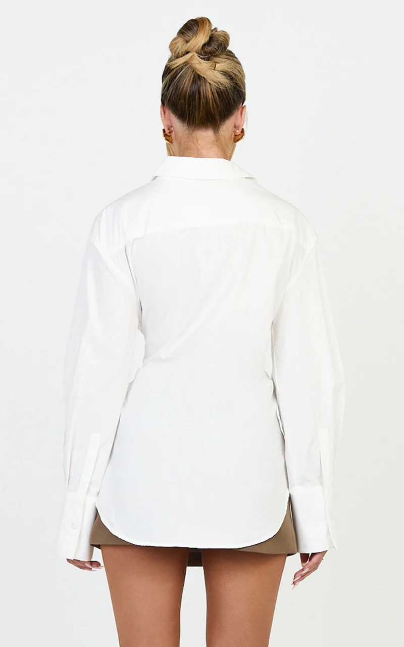 Heloise Top - Wrap Front Buckle and Tie Detail LS Shirt in White