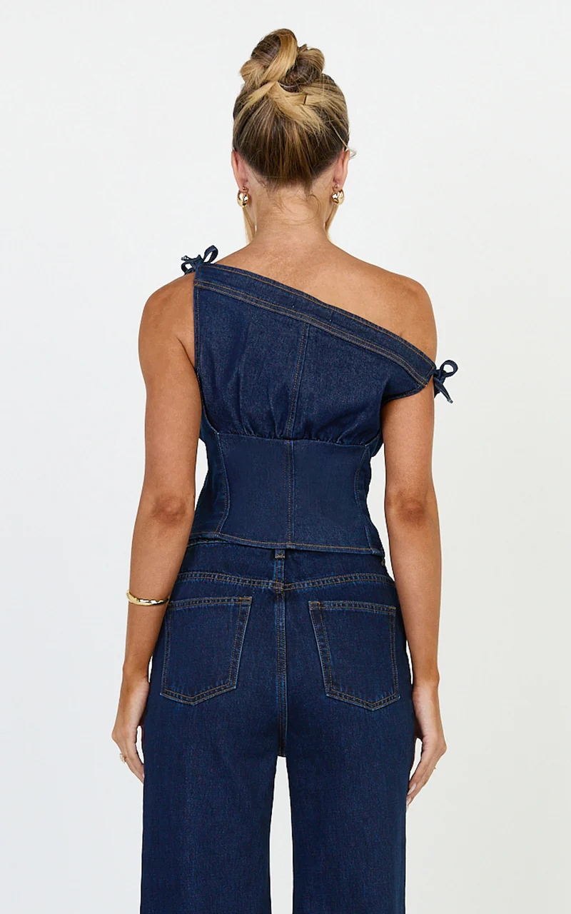 Ivy Top - Asymmetrical Neckline Tie Detail Stretch Denim Top in Dark Blue Wash