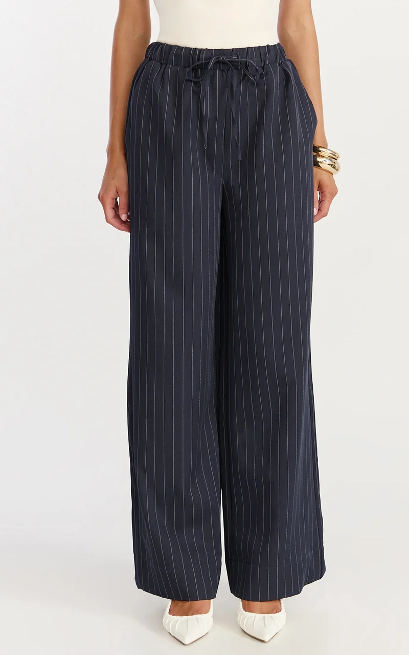 Amara Pants - High Waist Wide Leg Stripe Pants in Navy