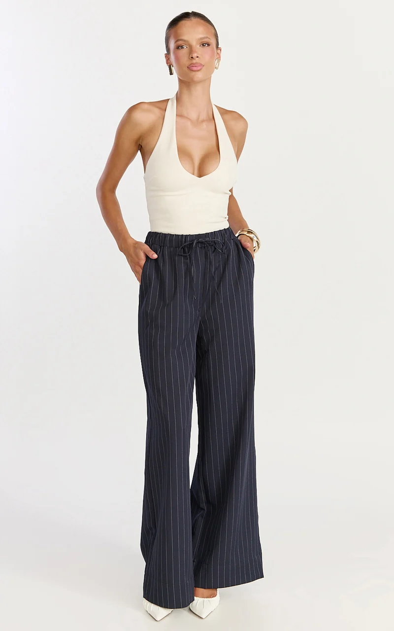 Amara Pants - High Waist Wide Leg Stripe Pants in Navy