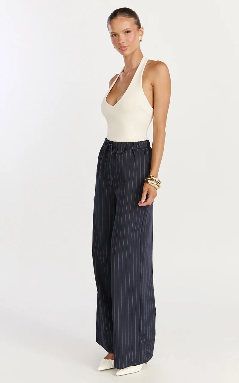 Amara Pants - High Waist Wide Leg Stripe Pants in Navy