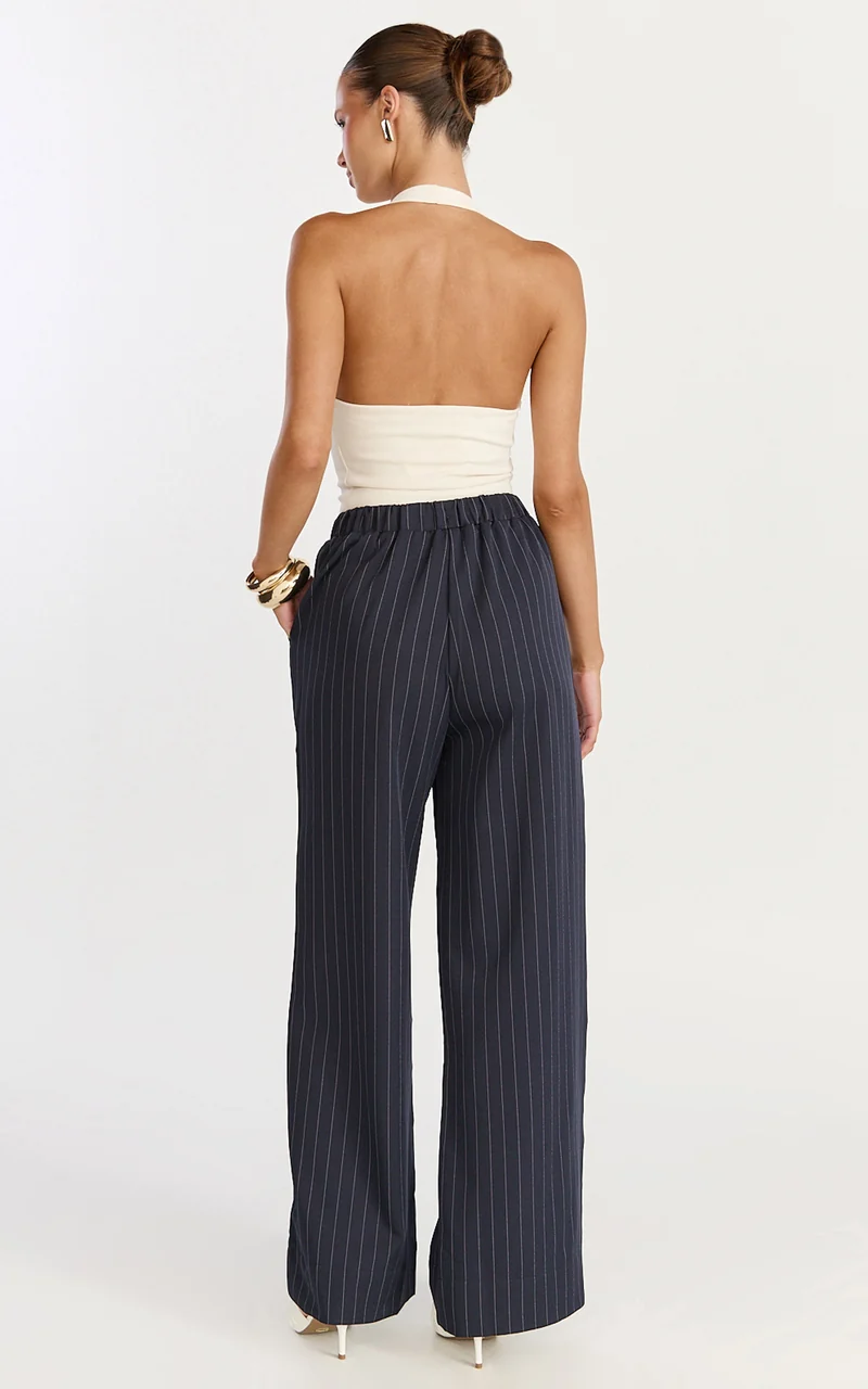 Amara Pants - High Waist Wide Leg Stripe Pants in Navy
